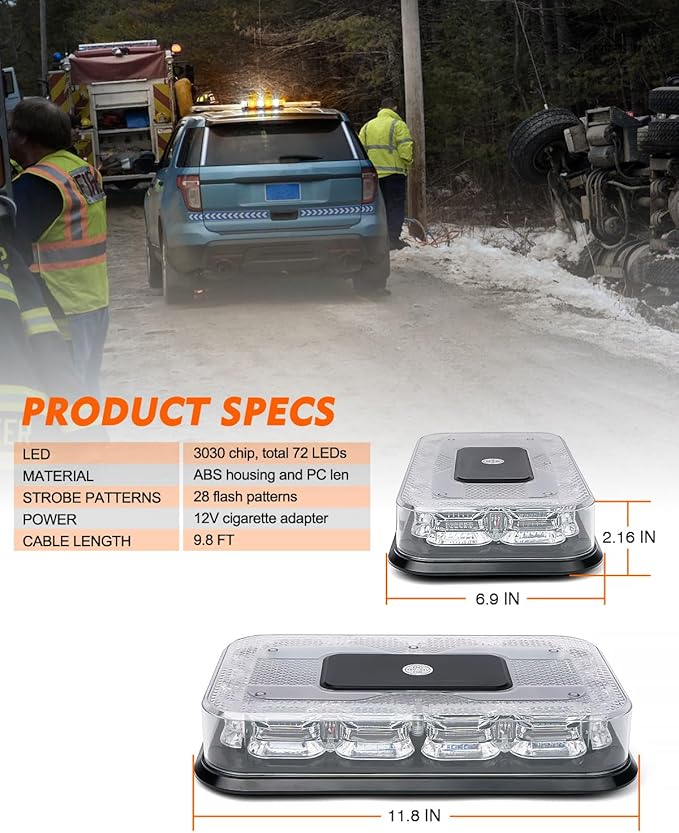LUMENIX LED Roof Top Strobe Beacon Light Bar Rooftop Security Warning Emergency Flashing Plow Lights for Construction Vehicles Tow Commercial Trucks Postal Cars Snowplow - Amber White