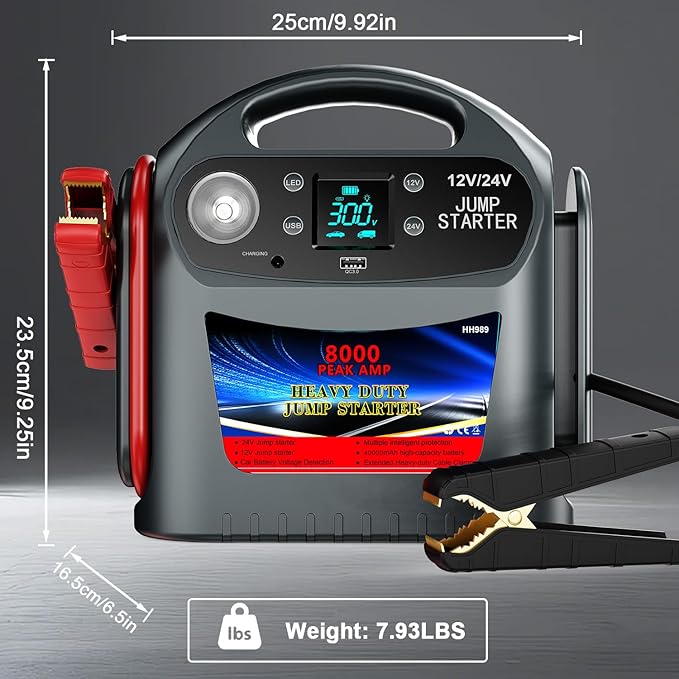 8000A Car Battery Jump Starter for All Gas/Diesel,12V/24V Jump Starter Portable for Commercial Vehicles and Diesel Engines, Heavy Duty Jump Box Power Pack with LED Light