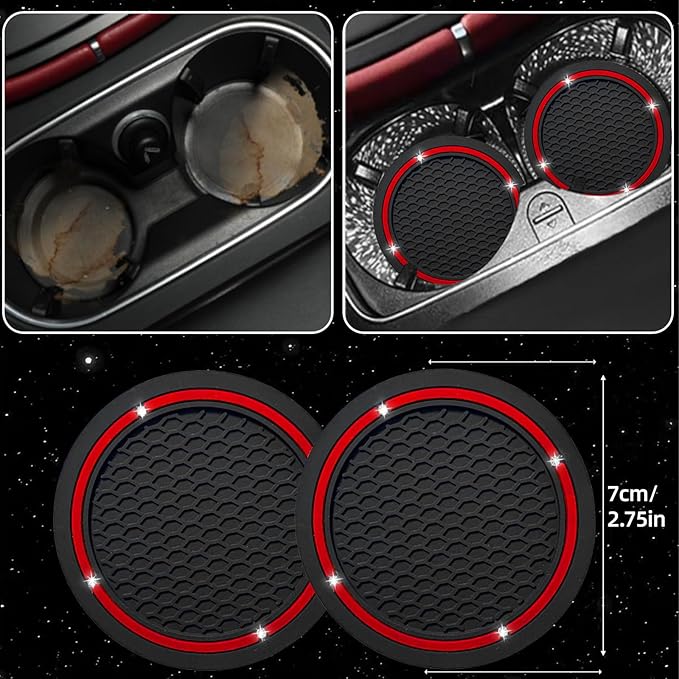 NBTEPEM 6 PCS Bling Car Accessories Set, Leather Steering Wheel Covers Universal 14.5-15 inch, Center Console Cover, Seat Belt Cushion, Cup Holder Coaster (Red)