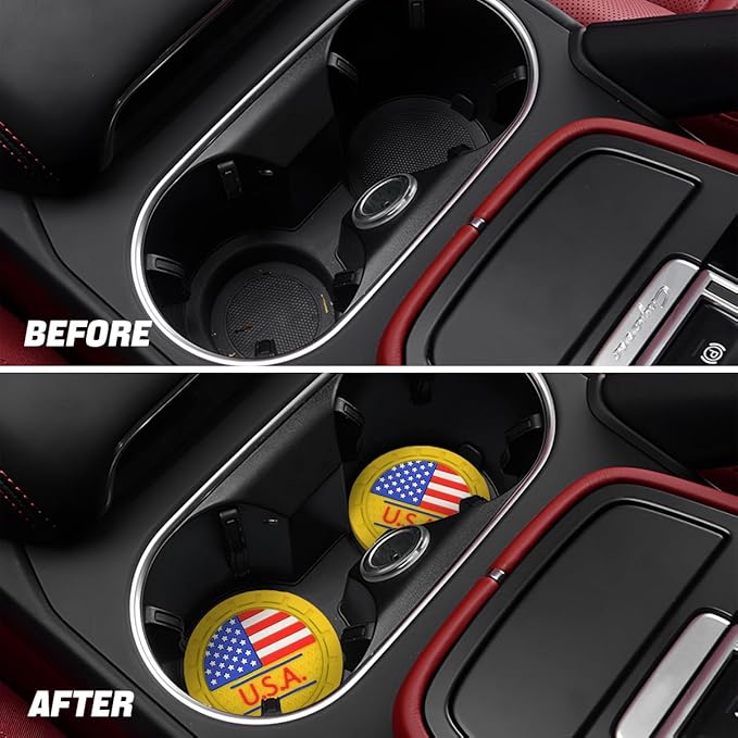 AUCELI 2 Pack Car Cup Holder Coasters, Colored American Flag US Flag Insert Car Cup Coaster, 2.75 Inch Anti Slip Shockproof Embedded Drink Mat, Vehicle Interior Decor Accessories