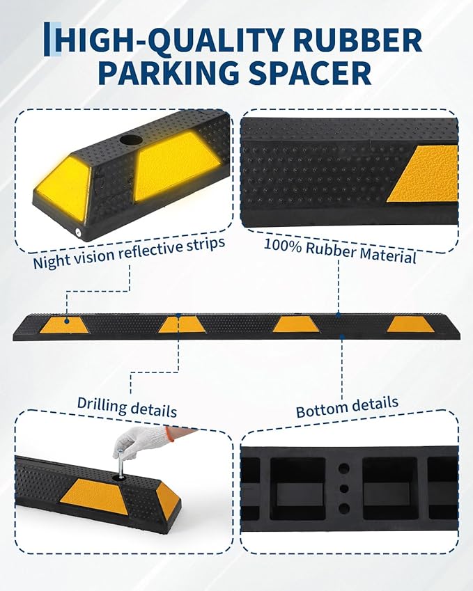 72-Inch Heavy Duty Rubber Parking Curb with Reflective Stripes, 6 ft Premium Quality Auto Wheel Stoppers for Garage, Driveway & Parking Lots