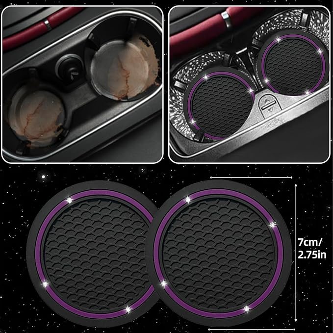 NBTEPEM 6 PCS Bling Car Accessories Set, Leather Steering Wheel Covers Universal 14.5-15 inch, Center Console Cover, Seat Belt Cushion, Cup Holder Coaster (Purple)
