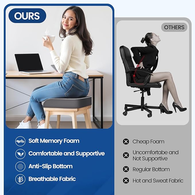 SweetSlubr Seat Cushion for Tailbone Pain Relief, Office Chair Cushion, Memory Foam Large Chair Cushion with Non-Slip Cover for Soft Support at Office Chair, Car Seat, Airplane Grey/Large