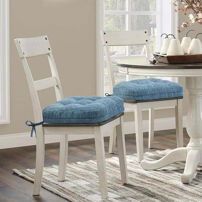 Shinnwa Dining Chair Cushions Set of 2, Dual-Layer Memory Foam Kitchen Chair Cushions, Patented Design Seat Pads with Ties, 16.5 x 16.5 x 3.5in, 2 Pack, Denim Blue