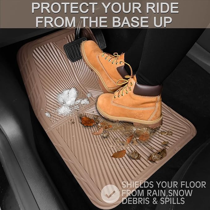 CAR PASS Beige Rubber Floor Mats&Cargo Liner,Waterproof Truck Mats Heavy Duty,All Weather Trim-to-Fit Automotive Mat for Car Truck SUV,Anti-Slip Easy Clean Durable,Full Set 5-Piece,3D Emboss All Beige