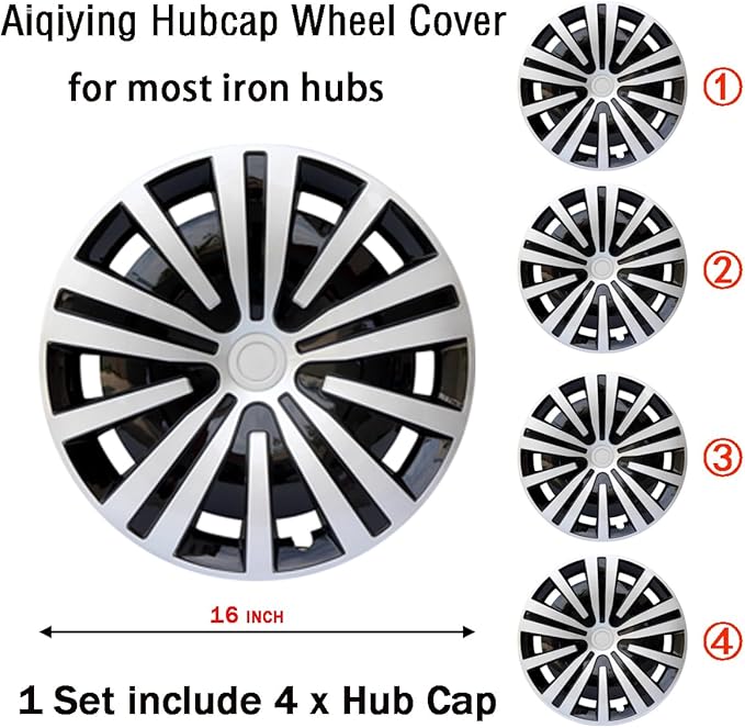 Hubcap Wheel Cover Replacement R16 Hub Caps Universal Wheel Rim Cover ABS Material Exterior Accessories Snap On Car Truck SUV -Set of 4 (16-Inch, Silver-Black)