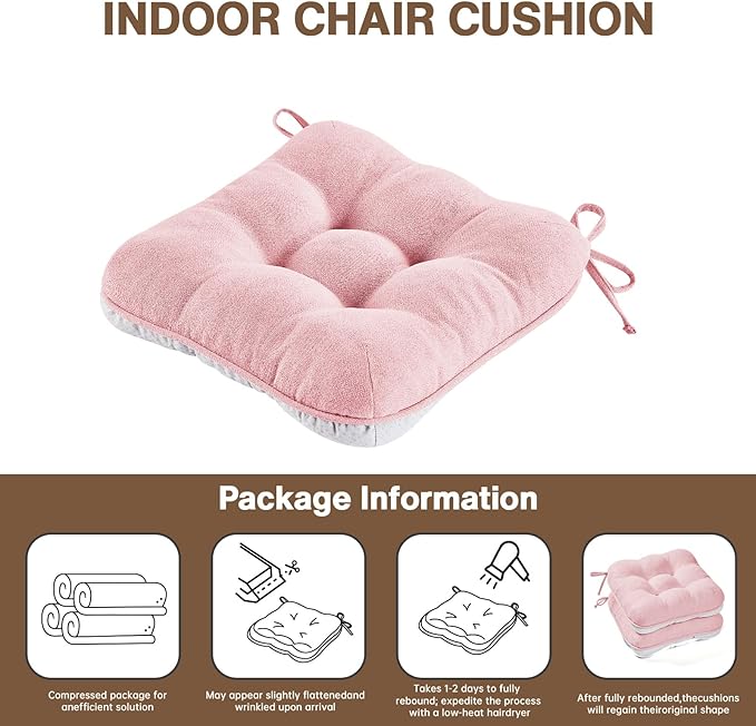 BETU Pink Chair Cushions for Dining Chairs Set of 6,3.5" Thick Kitchen Table Chair Pads with Ties,Non Slip Backing and Covers, Seat Cushion for Dining Room,Bar,Patio Chairs,15.5"X15.5"X3.5",Pink