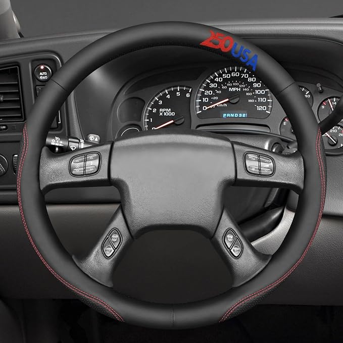 MEWANT USA 250th Anniversary Embroidered Hand Stitch Steering Wheel Cover for Chevy Silverado 1500 2003-2006 1500 Classic 2007 2500HD Classic 3500 Black Artificial Leather Steering Wheel Wrap