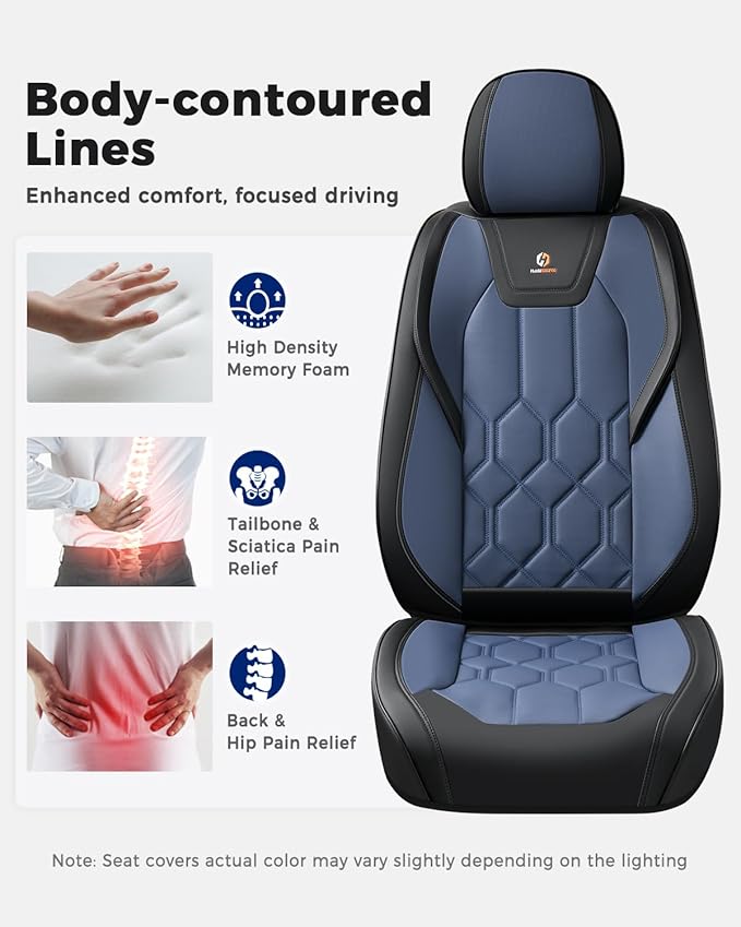Huidasource Seat Covers Full Set, Universal Fit for Most Cars SUVs Trucks, Full Coverage Leather Seat Cover, Airbag, Cupholder Compatible, Seat Function Retain, Easy Install with Velcro, Black&Blue
