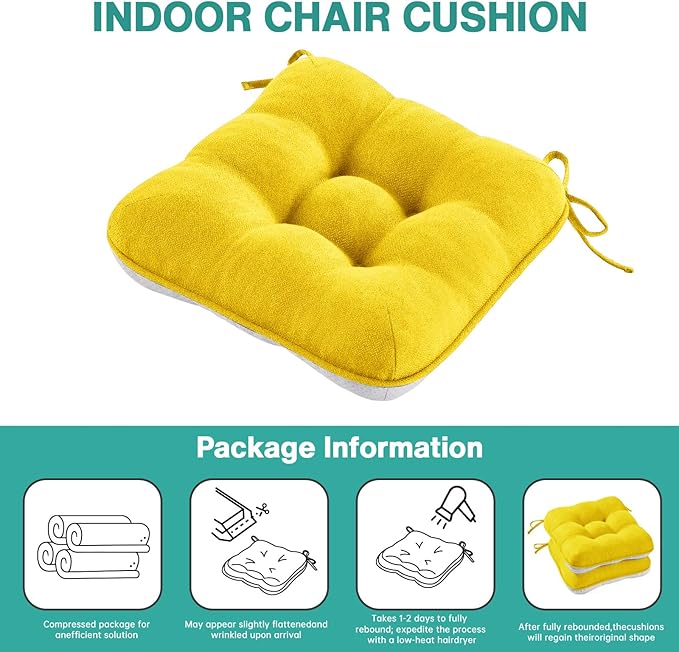 BETU Chair Cushions for Dining Chairs Set of 4,3.5" Thick Kitchen Table Chair Pads with Ties,Non Slip Backing and Covers, Seat Cushion for Dining Room,Bar,Patio Chairs,15.5"X15.5"X3.5",Gold