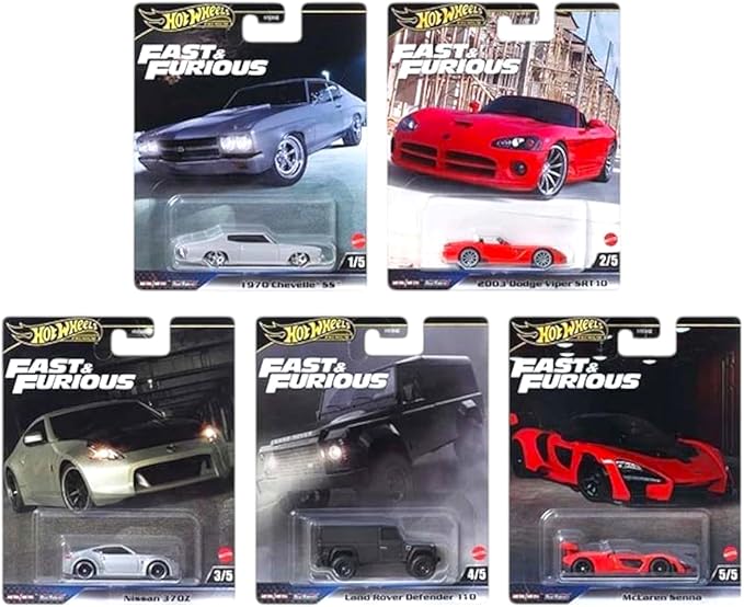 Hot Wheels Fast & Furious Premium Die-Cast Cars Bundle, 5-Pack Set, 1970 Chevelle SS, Dodge Viper, Nissan 370Z, Land Rover Defender, McLaren Senna HNW46-956J