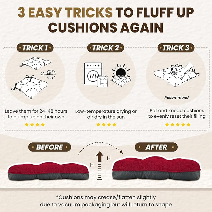 downluxe Indoor Chair Cushions for Dining Chairs, Tufted Overstuffed Textured Kitchen Chair Pads with Ties and Non-Slip Backing, 16.5" x 16.5" x 4", Red, 4 Pack