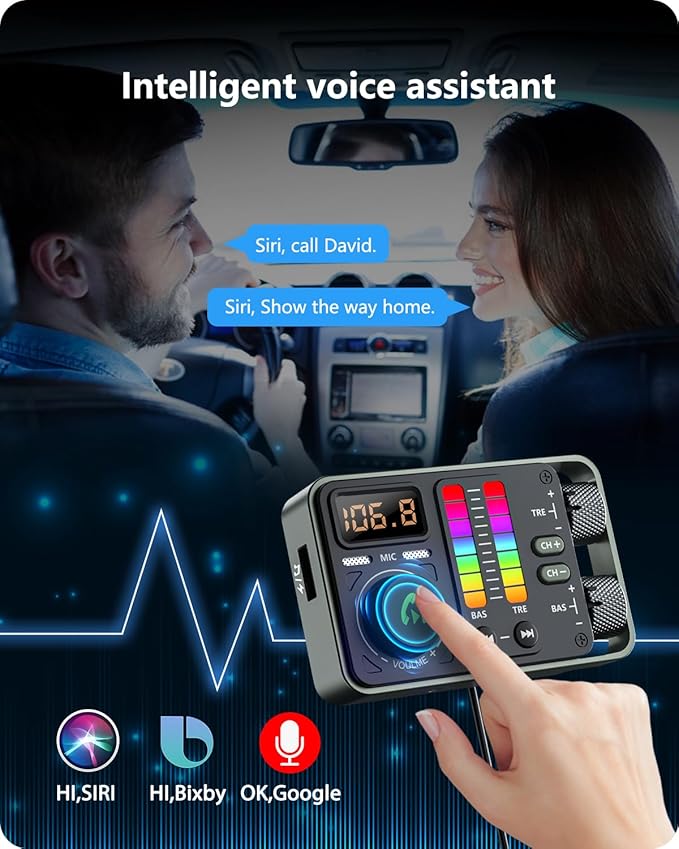 LENCENT Bluetooth Car Adapter, Bluetooth 5.3 FM Radio Transmitter with Hi-Fi Treble & Bass Music Player, PD20W and QC18W Fast Charger, Dual Mics for Hands-Free Call, Siri & Google, U Disk/3.5mm AUX