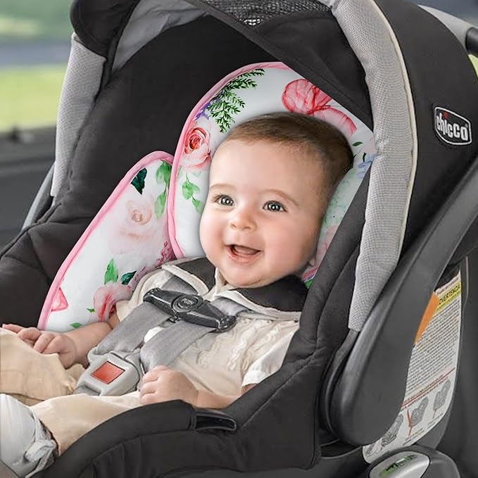 2 in 1 Infant Car Seat Insert, Adjustable Car Seat Head Support Baby Girls Boys, Soft Newborn Carseat Insert Cushion, Perfect for Carseats, Strollers, Swings (Pink Flower)
