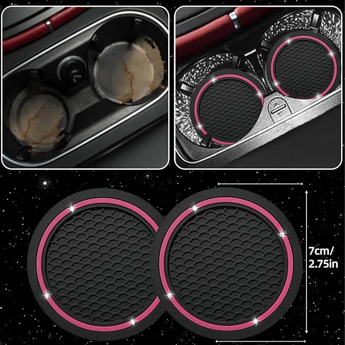 NBTEPEM 6 PCS Bling Car Accessories Set, Leather Steering Wheel Covers Universal 14.5-15 inch, Center Console Cover, Seat Belt Cushion, Cup Holder Coaster (Pink)