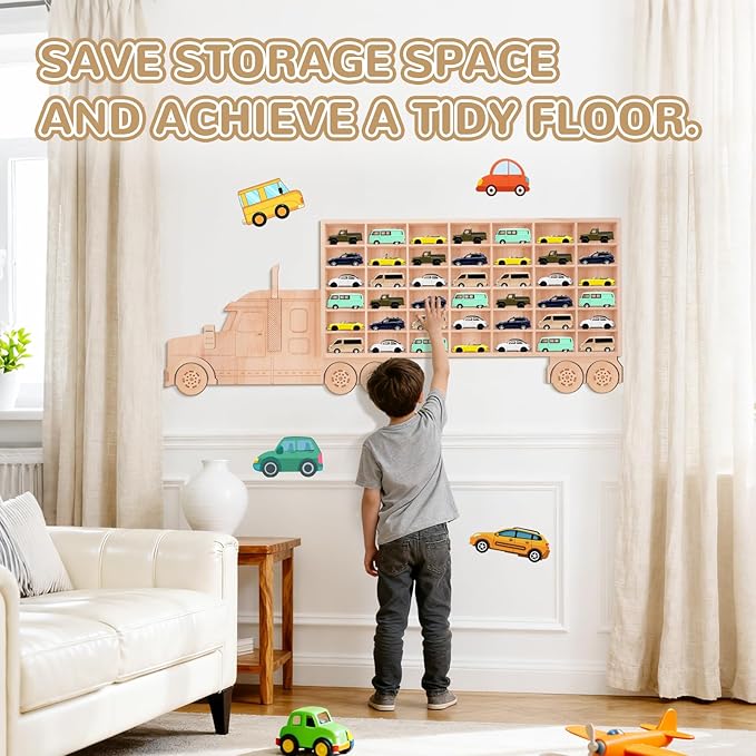 3D Wooden Toy Cars Display, Wall-Mounted for 42 Toy Cars, 1/64 Scale Model Car Organizer with Unique Patchwork Design