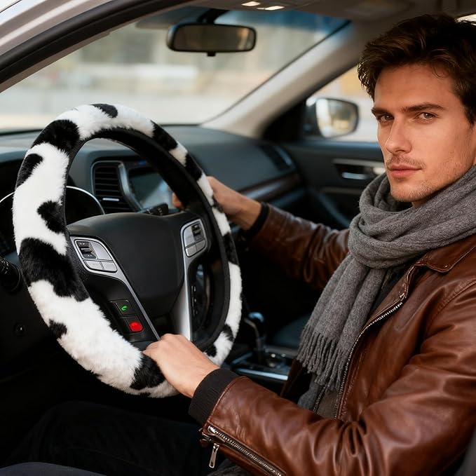 Black and White Cow Print Fuzzy Steering Wheel Cover for Women, Universal Auto Steering Wheel 14-15 Inch Soft Warm Car Interior Accessories with 2PCS Car Coasters, Suitable for Men and Women