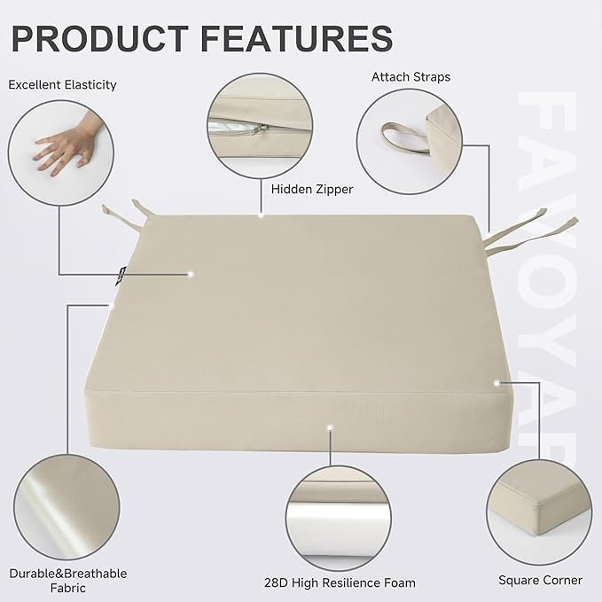 Favoyard Patio Chair Cushions 18.5 x 16 x 3 Inch Waterproof Outdoor Seat Cushions for Patio Furniture 3-Year Color Fastness Garden Sofa Couch Chair Pads with Handle & Adjustable Straps Set of 2, Beige