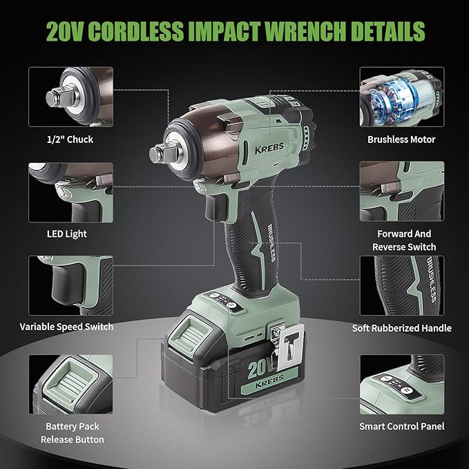 KREBS 20V Cordless Impact Wrench High Torque Max 260Ft-lbs(350N.m) Portable Impact Driver 1/2 inch Brushless with 6 Sockets 4.0Ah Battery Electric Power Wrench for Car, Workshop, Home, DIY Project
