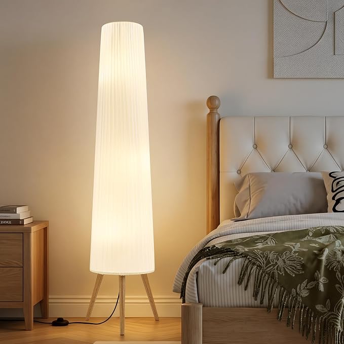 GyroVu 60 Inch Wood Floor Lamp, White Cloth Shade, Color Temperature Adjustable Softlighting Corner Lamp, 3 Bulbs Standing Lamp, Creative Ambient Light for Living Room Bedroom&Office-Bulbs Included