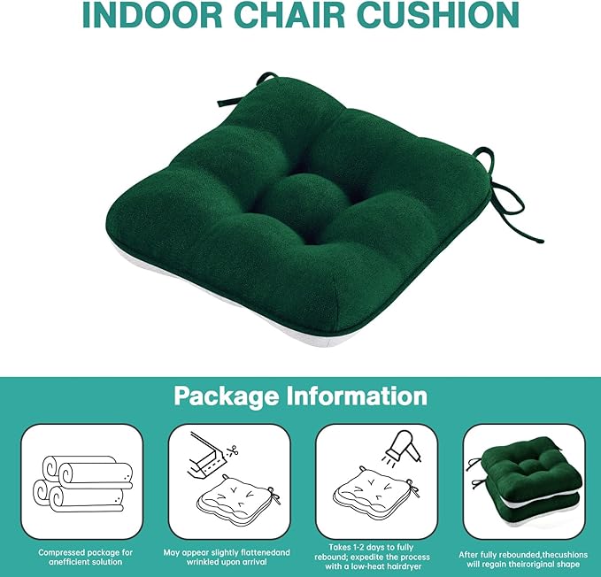 BETU Chair Cushions for Dining Chairs Set of 4,3.5" Thick Kitchen Table Chair Pads with Ties,Non Slip Backing and Covers, Seat Cushion for Dining Room,Bar,Patio Chairs,15.5"X15.5"X3.5",Dark Green