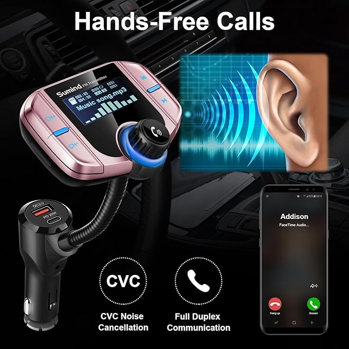 Sumind 2026 Upgraded Wireless Bluetooth Car Adapter FM Transmitter, 1.7'' LCD Display, Flexible Gooseneck, 20W QC3.0&Dual USB Ports, AUX Input/Output for Hands-Free Call, Micro/TF Card(Rose,PD)