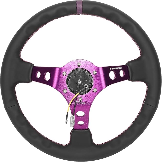NRG Innovations NRG-RST-006PP Reinforced Steering Wheel 350MM Sport Steering Wheel (3" Deep), Black Leather, Purple Center Mark with Purple Stitching