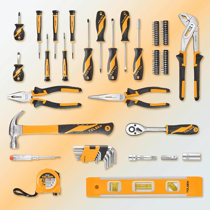 TOLSEN Tool Set Home Mechanic Tool Kit, Screwdriver,Hammer, Ratchet, Drill Bits,Hex Key,Tape Measure,Toolbox Storage Case, Hand Household Tool Set for College,Starter,Beginner