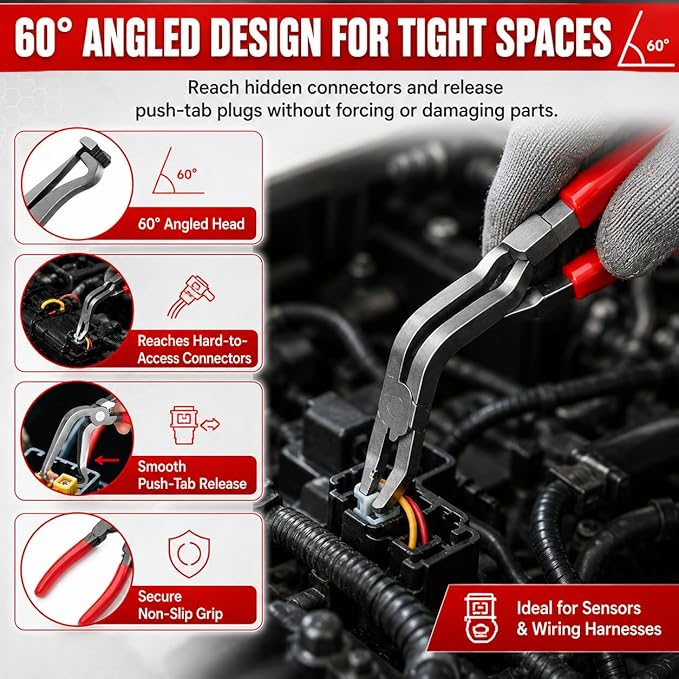 Automotive Electrical Disconnect Pliers Kit 5pc Fuel Line Tool Set Hose Clamp 60° Angled Connector Separator Trim Clip Removal Tools Plug Release & Wire Terminal Remover for Auto Repair