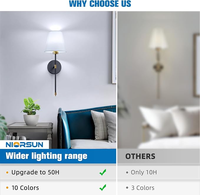 NIORSUN 19.9 inch Battery Operated Wall Sconce Set of 2,Gold-Black Rechargeable Wall Lights with 10400mAh Dimmable Detachable Bulbs and Remote, Wireless Sconces for Bedroom Living Room Hallway