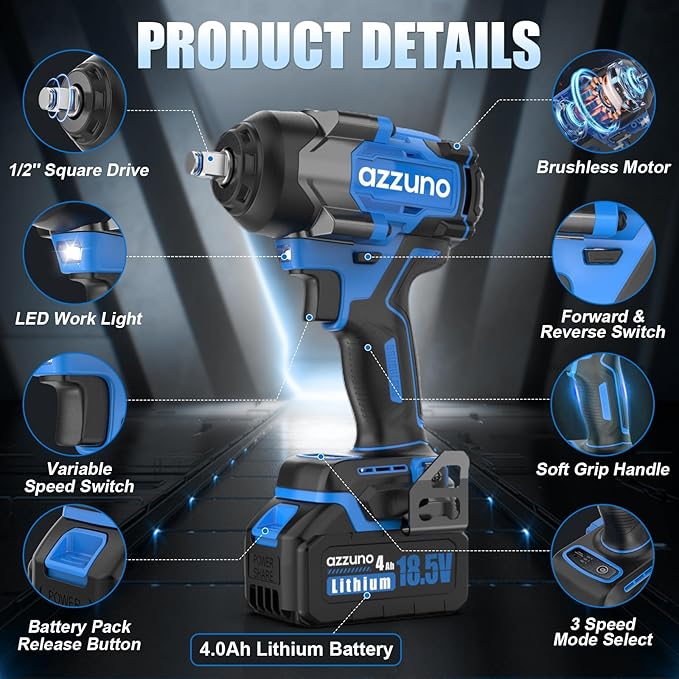 AZZUNO Electric Impact Wrench 737 Ft-lbs(1000N.m) 1/2'' Brushless Cordless Impact Driver with Fast Charger and 2x4.0Ah Battery Powered Impact Wrench Charger & 4 CR-V Sockets for Home Car Truck Tires