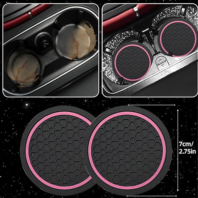NBTEPEM 6 Pcs Pink Car Accessories Set, Sport Leather Steering Wheel Cover 14.5-15inch Universal, Microfiber Leather Car Center Console Cover, Seat Belt Cushion, Cup Holder Coaster (Black-Pink)