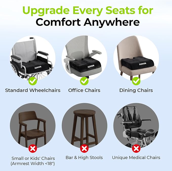 AUVON Wheelchair Seat Cushions (18"x16"x3") for Sciatica, Back, Coccyx, Pressure Sore and Ulcer Pain Relief, Memory Foam Pressure Relief Cushion with Removable Strap, Breathable & Waterproof Fabric