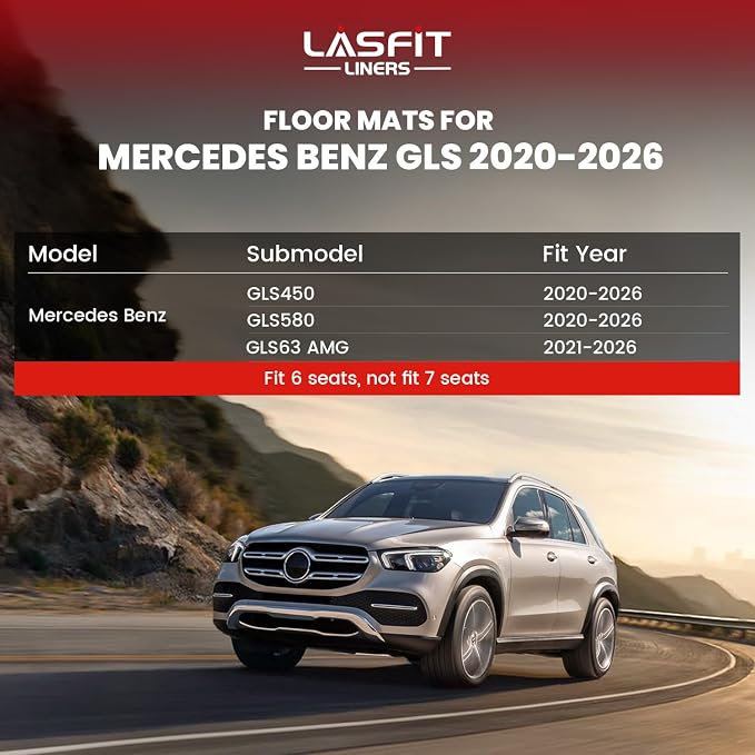 LASFIT Floor Mats & Cargo Mat with Seatback for Mercedes Benz GLS 450/580/63 AMG 2020-2026 (Only Fit 6 Seats with Center Console), All Weather TPE Floor Liners. 3 Rows & Cargo Liner with Backrest
