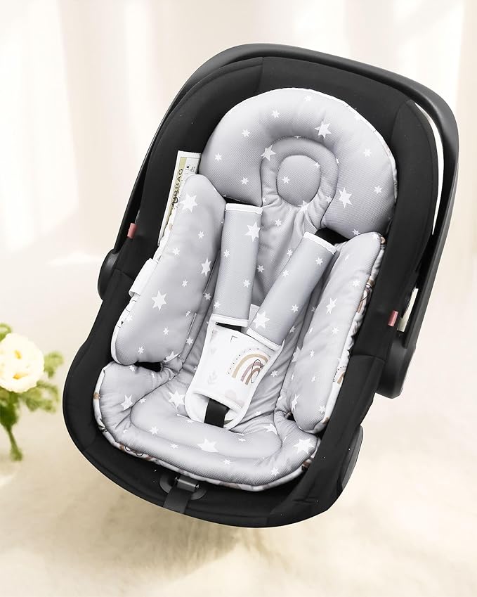 BOMOLOUR Infant Insert, Enlarged Head Support for Baby, Reversible Newborn Insert with 3 Strap Covers, 2-in-1 Baby Cushion for Stroller, Swing, Bouncer, Rocker - Brown Rainbow