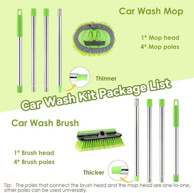 2 Pack Car Wash Brush with Long Handle, 62" Microfiber Car Wash Mop and Car Washing Brush Combo Set, Scratch-Free Soft Bristle Car Wash Mop Brushes Cleaning Kit for Exterior Car, Truck, RV, Boat