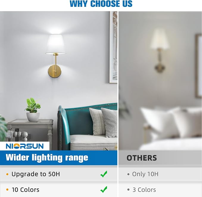 NIORSUN 14.5 inch Battery Operated Wall Sconce Set of 2,Gold Rechargeable Wall Lights with 10400mAh Dimmable Detachable Bulbs and Remote,9 Colors Wireless Sconces for Bedroom Living Room Hallway Decor