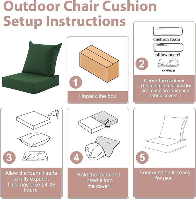 Outdoor Deep Seat Cushion Set, 24x24 Inch Water-Resistant & Fade-Resistant Outdoor Chair Cushions, Patio Furniture Cushions with Removable Cover for Patio Chair, Sofa, Forest Green (Set of 6)