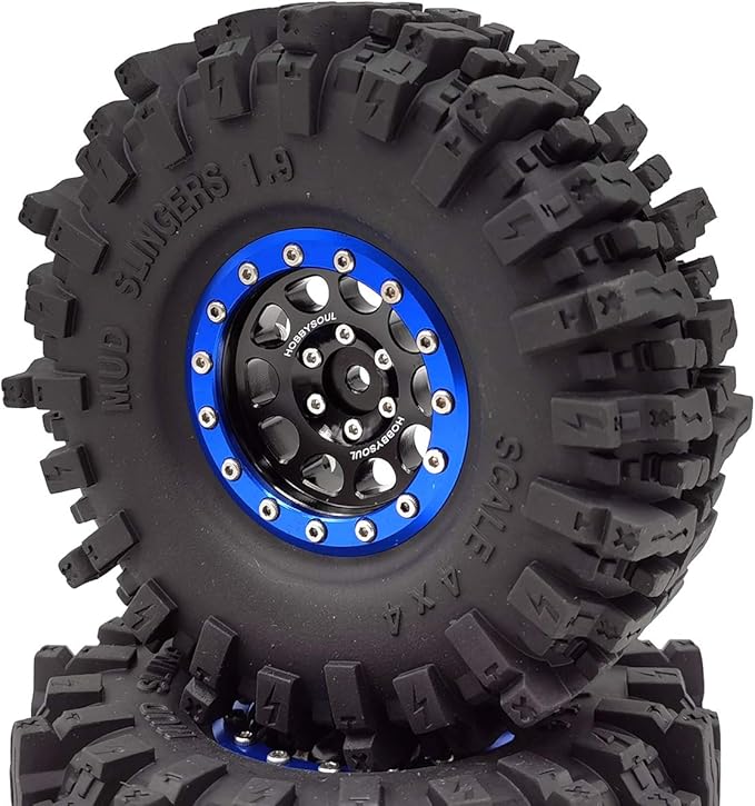 HOBBYSOUL 120mm Tall 1.9 Mud Slingers Tires T8 Soft Sticky Tyres & 1.9 Beadlock Wheels Rims Black Blue For RC 1/10 Rock Crawler SCX10 TRX4 Gen8, (4-Pack, HS700601)