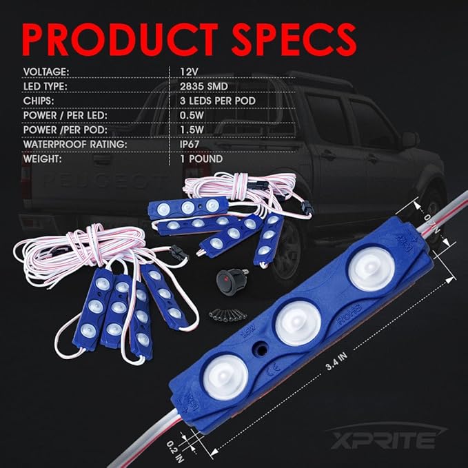 Xprite Blue LED Truck Bed Light Kits Rock Lights with On/Off Switch, for Pickup Footwells, Running Boards, Cargo, Under Car, Tonneau Cover, Rail Lighting - 8 PCs