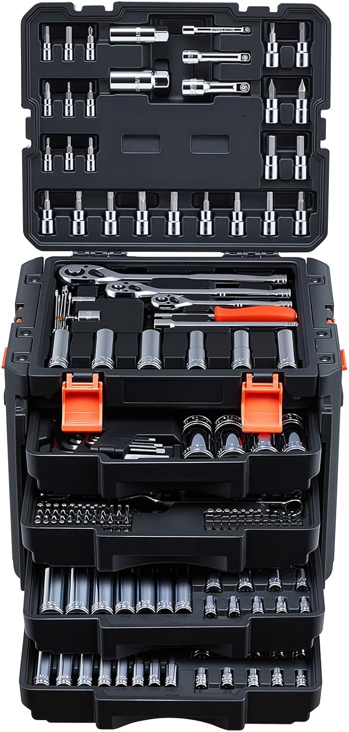 VEVOR Mechanics Tool Set, 297-Piece Mechanic Tool Kit, 1/4 in, 3/8 in, and 1/2 in Drive, SAE and Metric Socket Set, Wrenches, Screwdriver Bits, Accessories, and Storage Case, for Automotive Repair