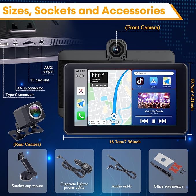 Plug & Play 7" Portable Wireless CarPlay Screen: Supports Apple CarPlay & Android Auto - 1080P Night Vision Backup Camera & 2.5K Dash Cam - Voice Control for Maps & Calls - Upgrade for Older Cars