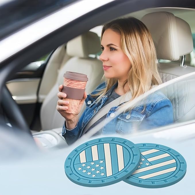 Osilly Car Cup Holder Coasters, 4 Pack American Flag Insert Car Cup Coaster, 2.75 Inch PVC Anti Slip Shockproof Embedded Drink Mat, Car Interior Decoration Accessories for SUV, Truck(Light Blue)
