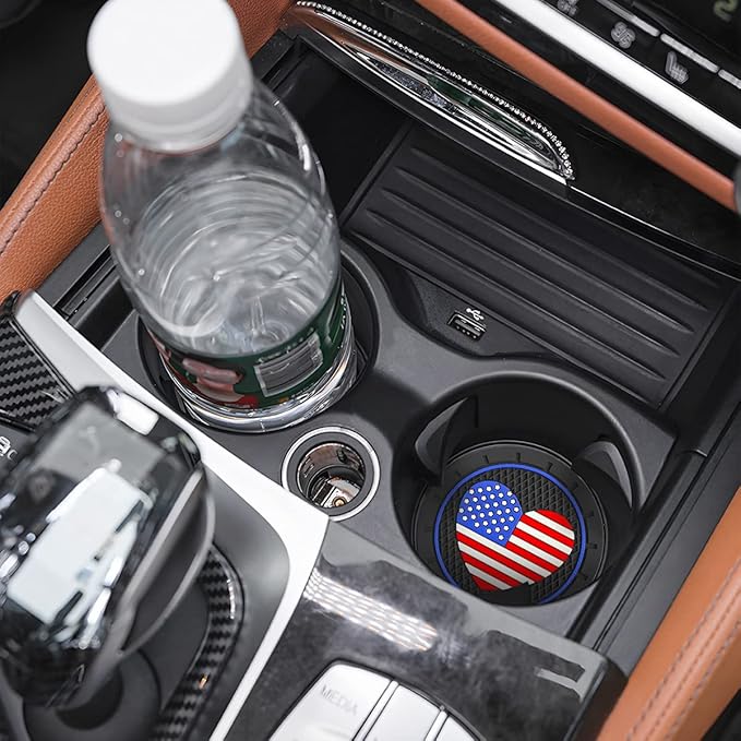 AUCELI 2 Pack Car Cup Holder Coasters, Colored American Flag US Flag Insert Car Cup Coaster, 2.75 Inch Anti Slip Shockproof Embedded Drink Mat, Vehicle Interior Decor Accessories
