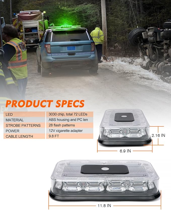 LUMENIX LED Roof Top Strobe Beacon Light Bar Rooftop Security Warning Emergency Flashing Plow Lights for Construction Vehicles Tow Commercial Trucks Postal Cars Snowplow - Green