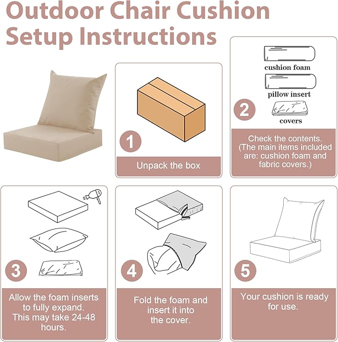 Outdoor Deep Seat Cushion Set, 24x24 Inch Water-Resistant & Fade-Resistant Outdoor Chair Cushions, Patio Furniture Cushions with Removable Cover for Patio Chair, Sofa, Beige (Set of 4)