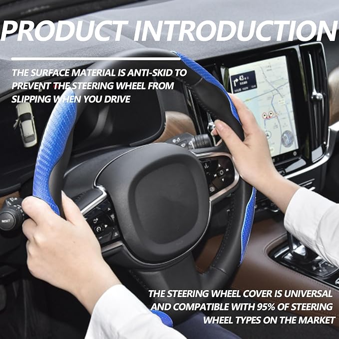 2pcs Universal Fit Carbon Fiber Steering Wheel Cover, Anti-Skid Steering Wheel Cover/Segmented Steering Wheel Protector/Car Interior Accessories (Blue)
