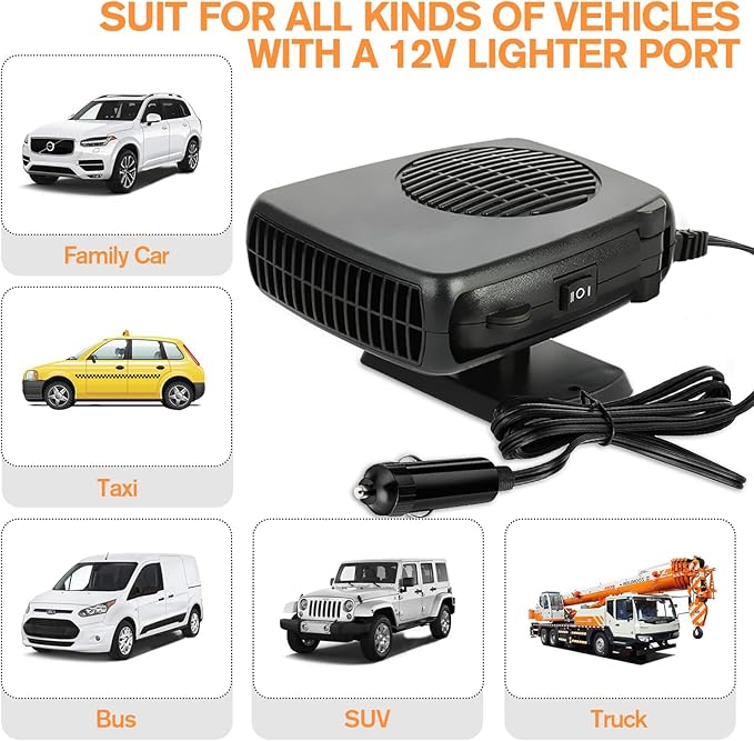 Leaflai 12V Car Heater 150W Auto Heater Anti-Fog Windscreen Heating Fan 2 in-1 Heating/Cooling Car Defroster with Plug-in Cigarette Lighter, Mini Car Demister for Small Vehicles