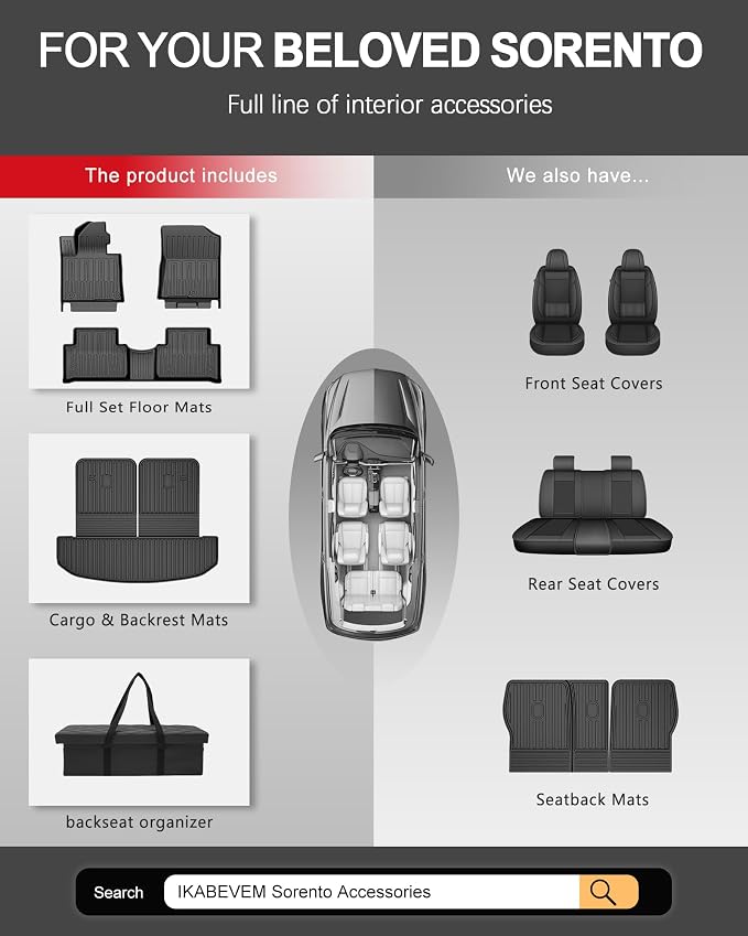 Floor Mats Fit for 2021-2026 Kia Sorento 6 Seats (No Hybrid)- All Weather Protection Floor Liners Cargo Mat Seat Back Mats & Car Seat Organizer Accessories Trunk Car Organizers Storage Box, Black