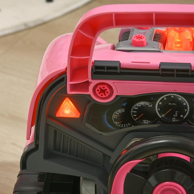 Qaba Truck Engine Toy, Kids Mechanic Set with Lights, Sounds, Steering Wheel and Horn, Pretend Car Service Station Play with 61-Piece Included for Kids Aged 3+, Pink